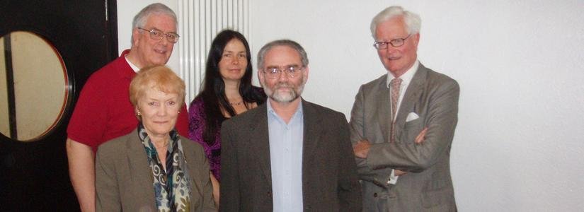 Photograph after the Radio 4 programme Reunion. Lord Hurd, Harvey Thomas,Jo Berry and Patrick Magee,